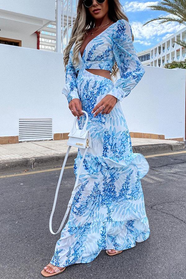Botanical Leaf Print Deep V-Neck Side Cutout Puff Sleeve Tiered Maxi Dress