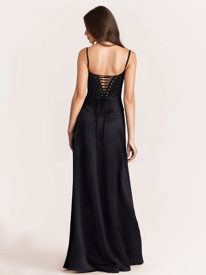 Corest Maxi Dress Adjustable Spaghetti Straps Backless Lace Up Prom Dresses