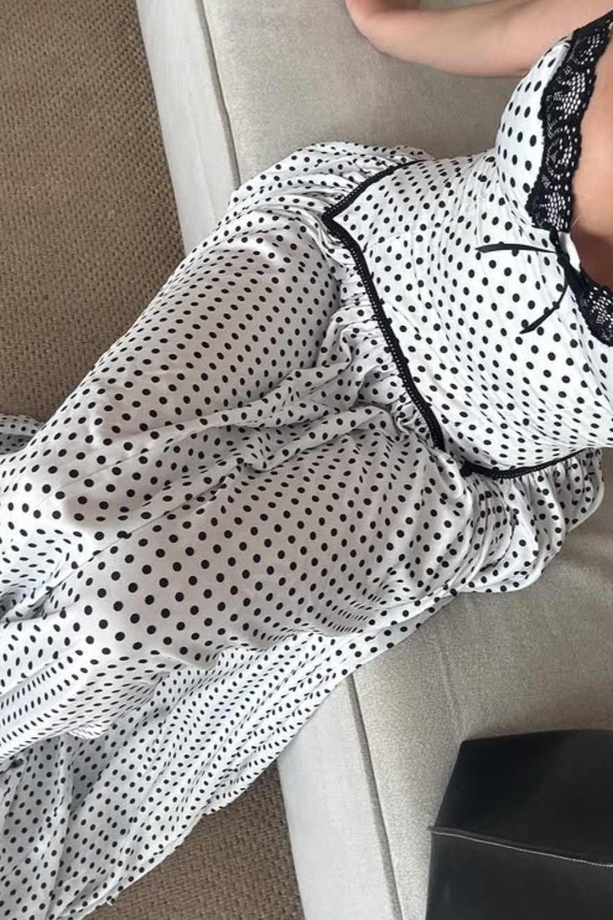 Polka Dot Print Corset Sweetheart Lace Trim Basque Waist Gathered Maxi Dress