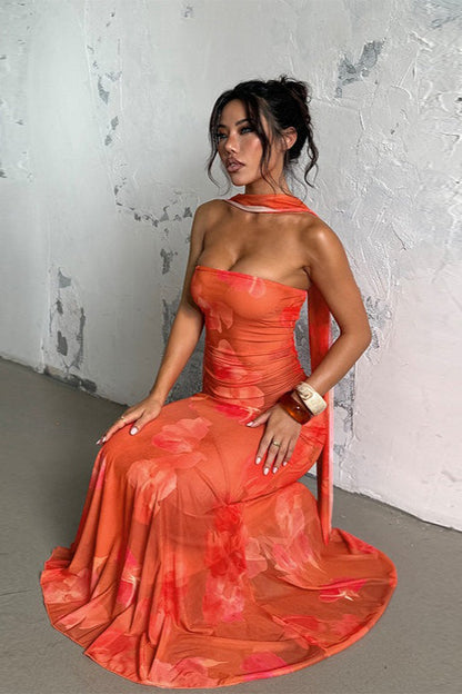 Strapless Tropical Floral Mesh Ruched Neck Scarf Detail Mermaid Maxi Dress