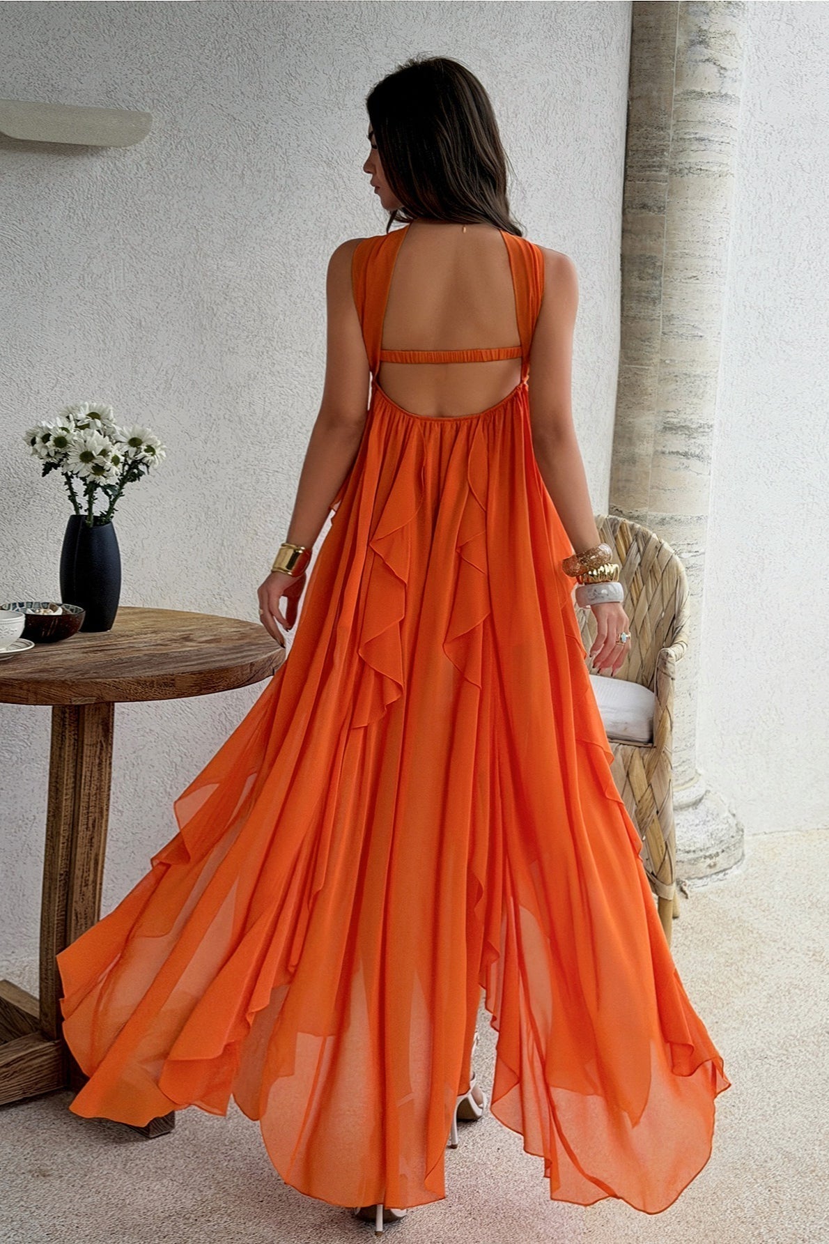 Strapless Ruched Starfish Brooch Cascading Vertical Ruffle Chiffon Maxi Dress