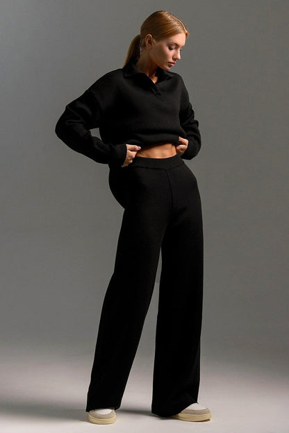 | Polo Collar Knit Pullover and Wide-Leg Pants Set
