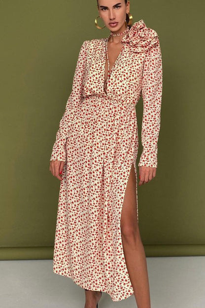 Micro Floral Print Tie-Front Deep V-Neck Side Slit Floral Applique Maxi Dress