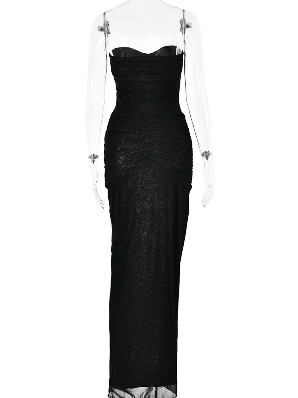 Glitter Mesh Strapless Sweetheart Neck Ruched Hip Knot Maxi Dress