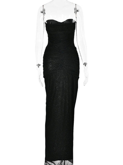 Glitter Mesh Strapless Sweetheart Neck Ruched Hip Knot Maxi Dress