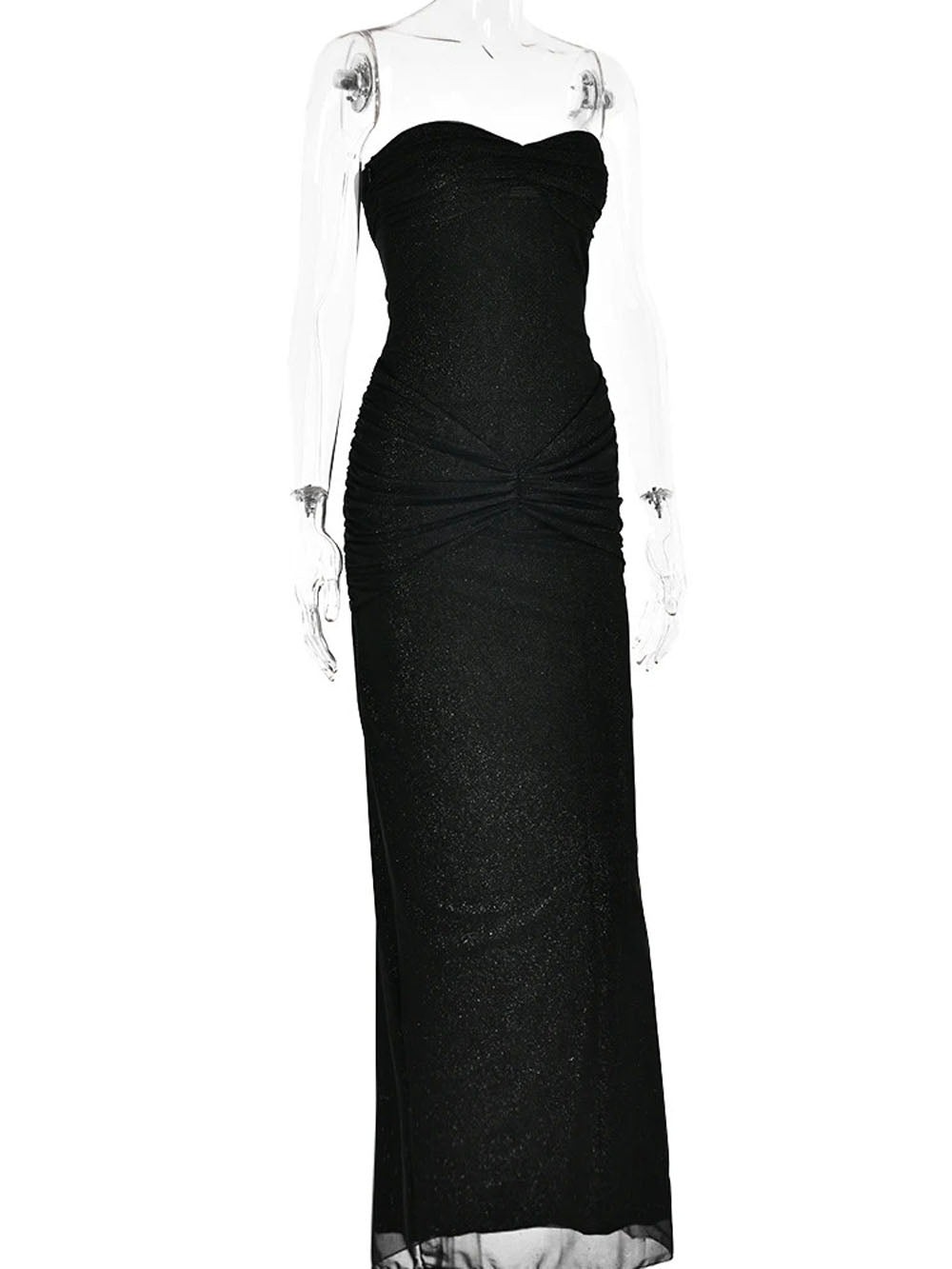 Glitter Mesh Strapless Sweetheart Neck Ruched Hip Knot Maxi Dress