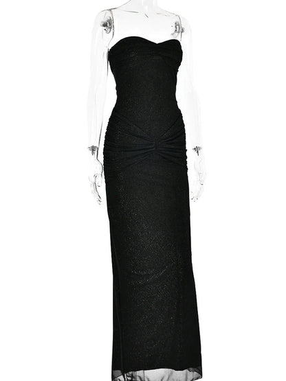 Glitter Mesh Strapless Sweetheart Neck Ruched Hip Knot Maxi Dress