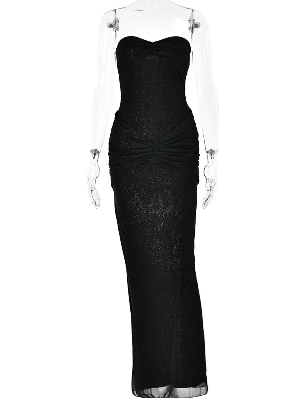 Glitter Mesh Strapless Sweetheart Neck Ruched Hip Knot Maxi Dress