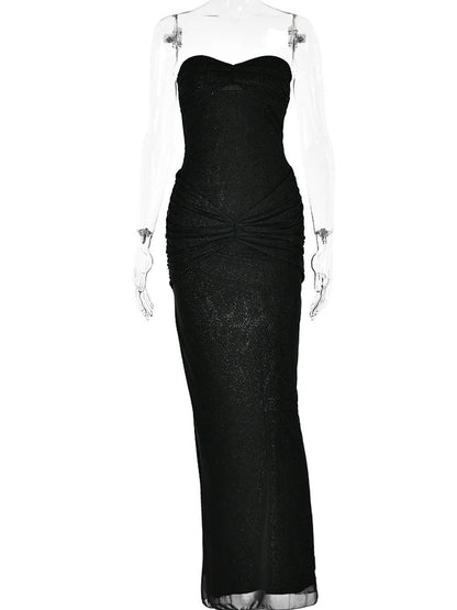 Glitter Mesh Strapless Sweetheart Neck Ruched Hip Knot Maxi Dress