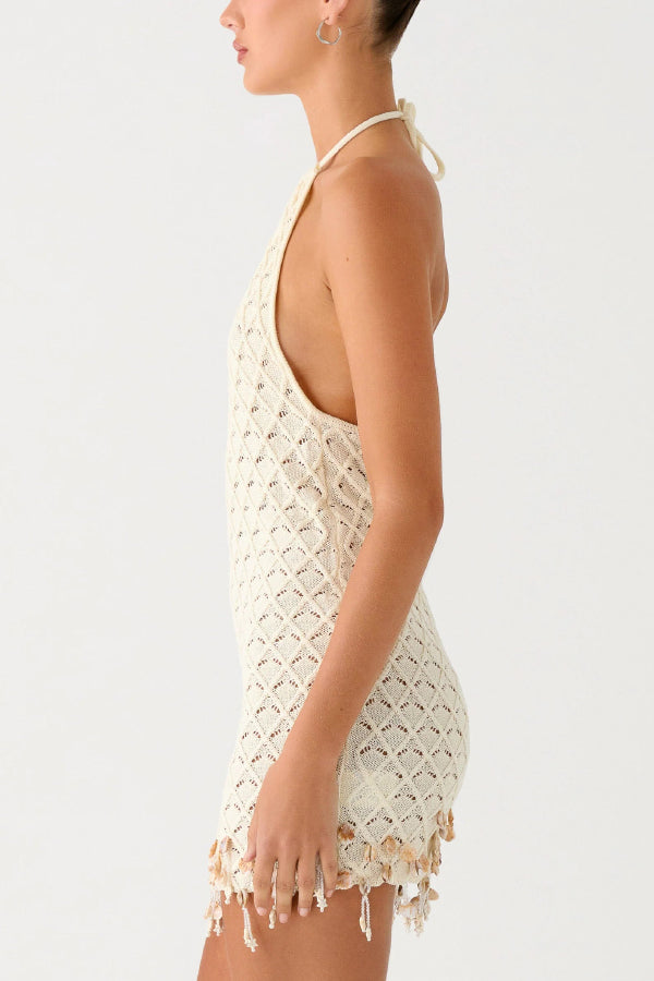 Fashionable Openwork Knit Halter Neck Backless Shell Embellished Vacation Cover-up Mini Dress
