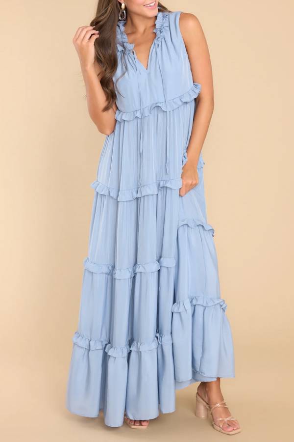 Ruffle Collar V-Neck Tie Strap Tiered Floor-Length Maxi Dress