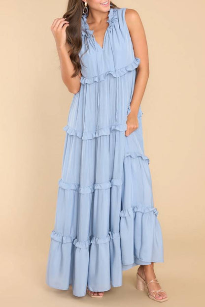 Ruffle Collar V-Neck Tie Strap Tiered Floor-Length Maxi Dress