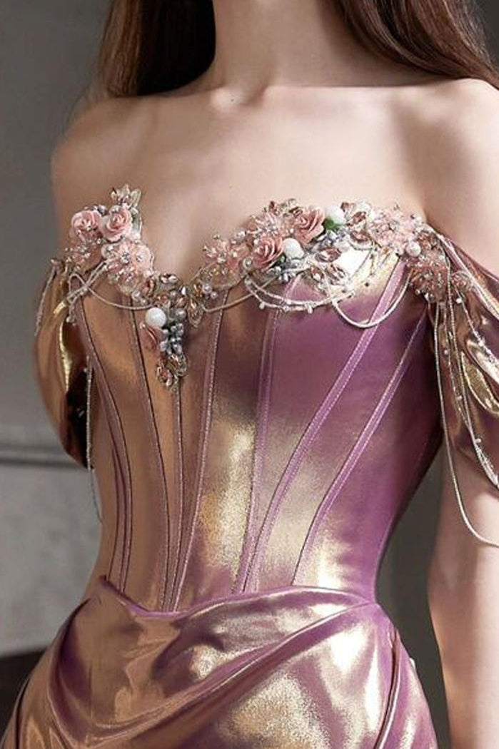 Off Shoulder Ruched Satin Elegant Prom Dress