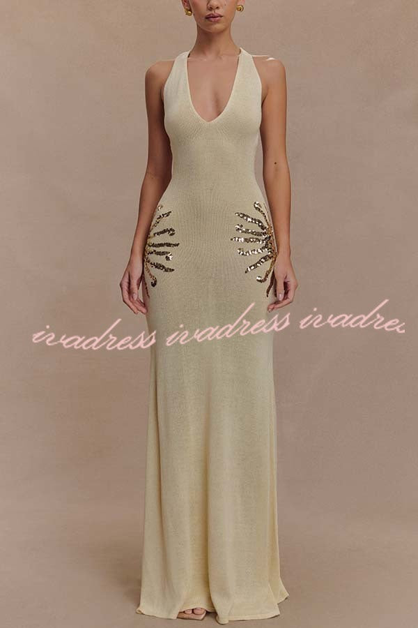 Sparkling Nights Knit Sunburst Sequin Detail Back Cross Straps Stretch Maxi Dress