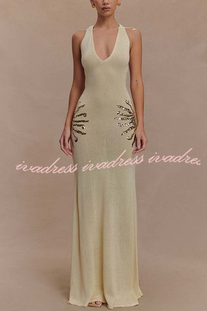Sparkling Nights Knit Sunburst Sequin Detail Back Cross Straps Stretch Maxi Dress