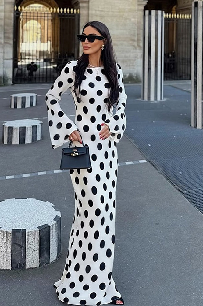 Polka Dot Print Crew Neck Bell Sleeve Column Maxi Dress