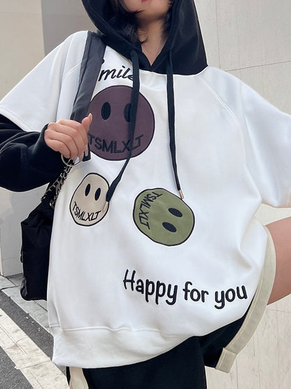 Smiling Print Splice Drawstring Oversized Hoodie
