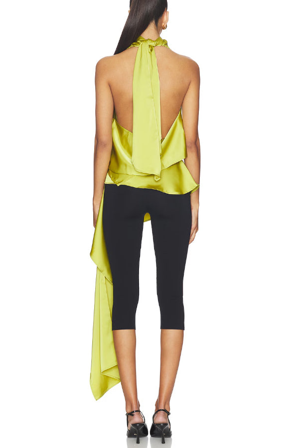 Misty Aura Satin Halter Tie-up Neck Open Back Drape Hem Top