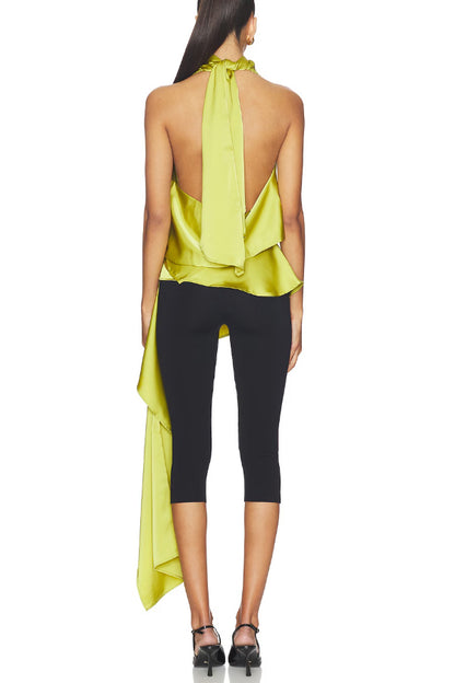 Misty Aura Satin Halter Tie-up Neck Open Back Drape Hem Top