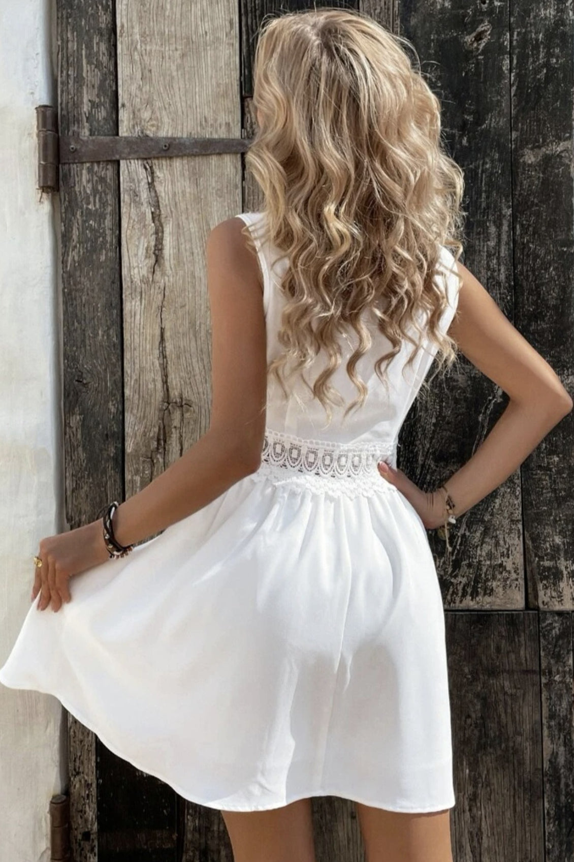Sleeveless Lace Trim V-Neck Crochet Lace Waistband A-Line Mini Dress