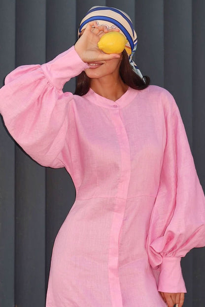 Mandarin Collar Button Front Puff Sleeve High Waist A-Line Linen Maxi Dress