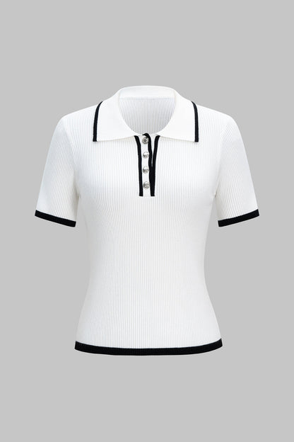 Knit Button Contrast Short-Sleeve Top