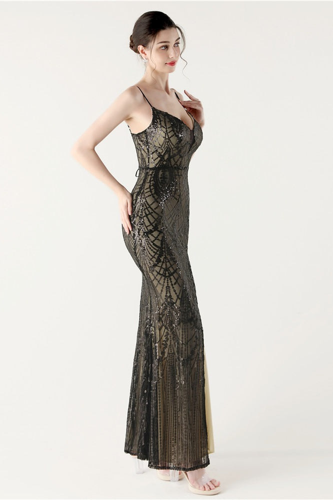 | Sequin V Neck Cross Strap Maxi Dress