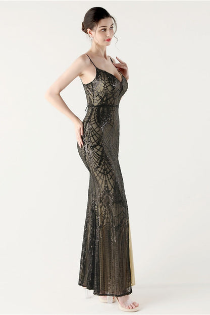 | Sequin V Neck Cross Strap Maxi Dress