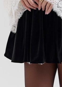 Lace Collar Bell Cuff Long Sleeve Ruched Corset Bodice Velvet Skater Mini Dress