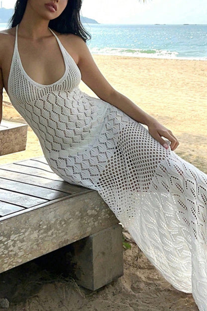 Solid Color Knitted Openwork Halter Neck Slim-fit Cover-up Maxi Dress