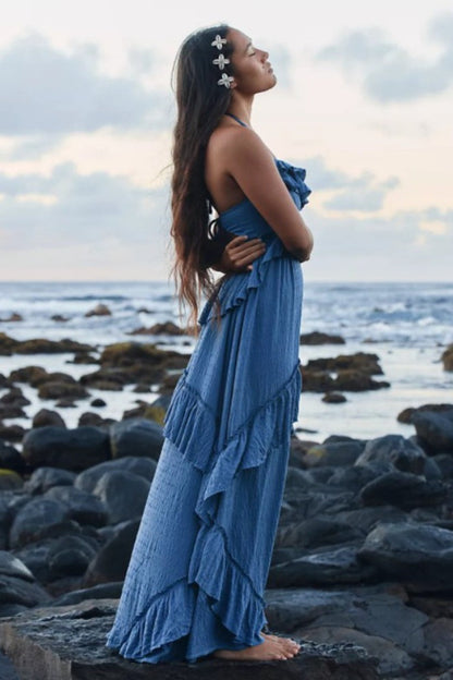 Backless Halter Tie Crop Top Tiered Ruffle Maxi Skirt Set