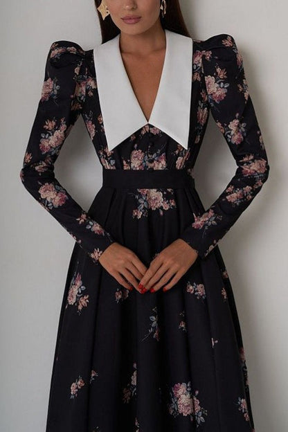 Pointed Collar Puff Shoulder Long Sleeve Cinched Waist Floral Midi Dress