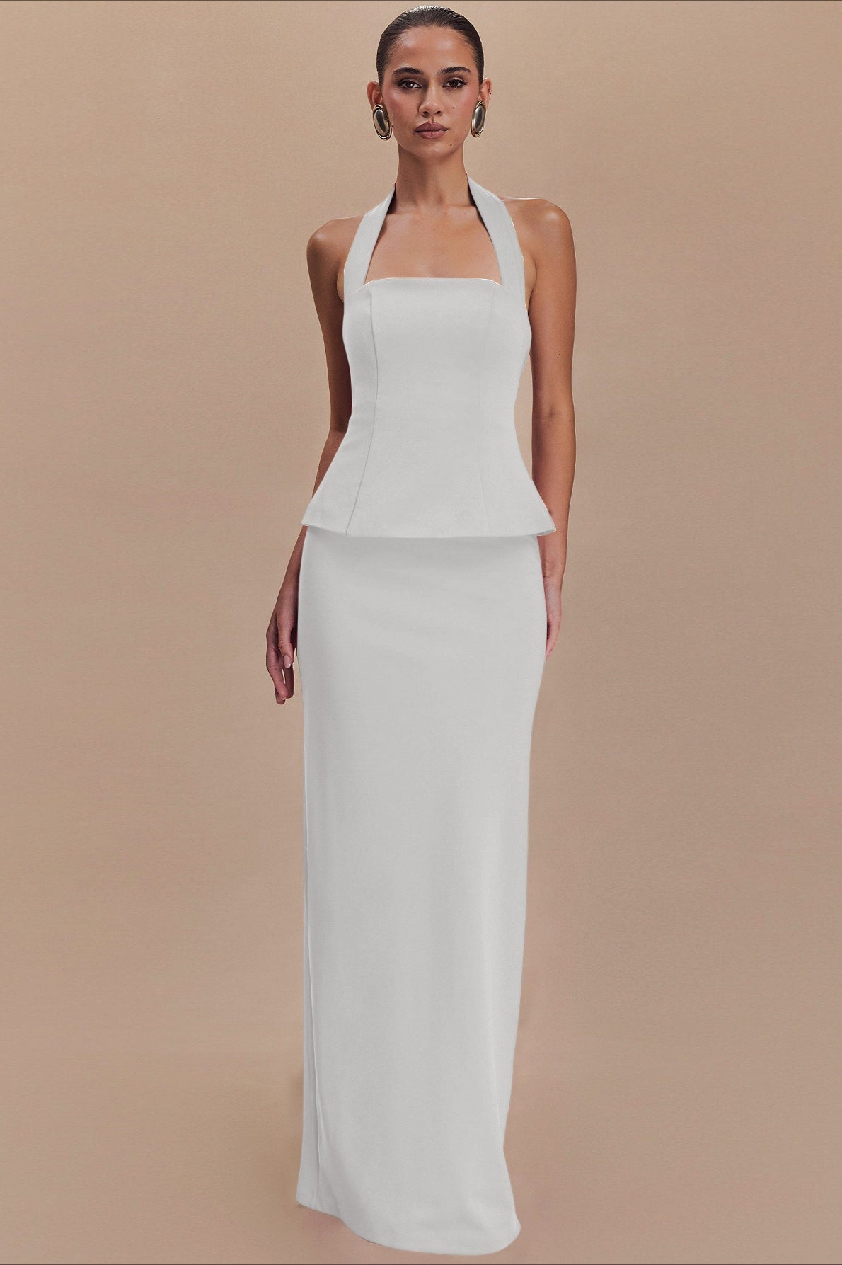 Square Neck Halter Peplum Top Column Maxi Skirt Set