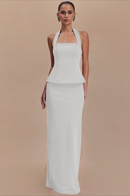 Square Neck Halter Peplum Top Column Maxi Skirt Set