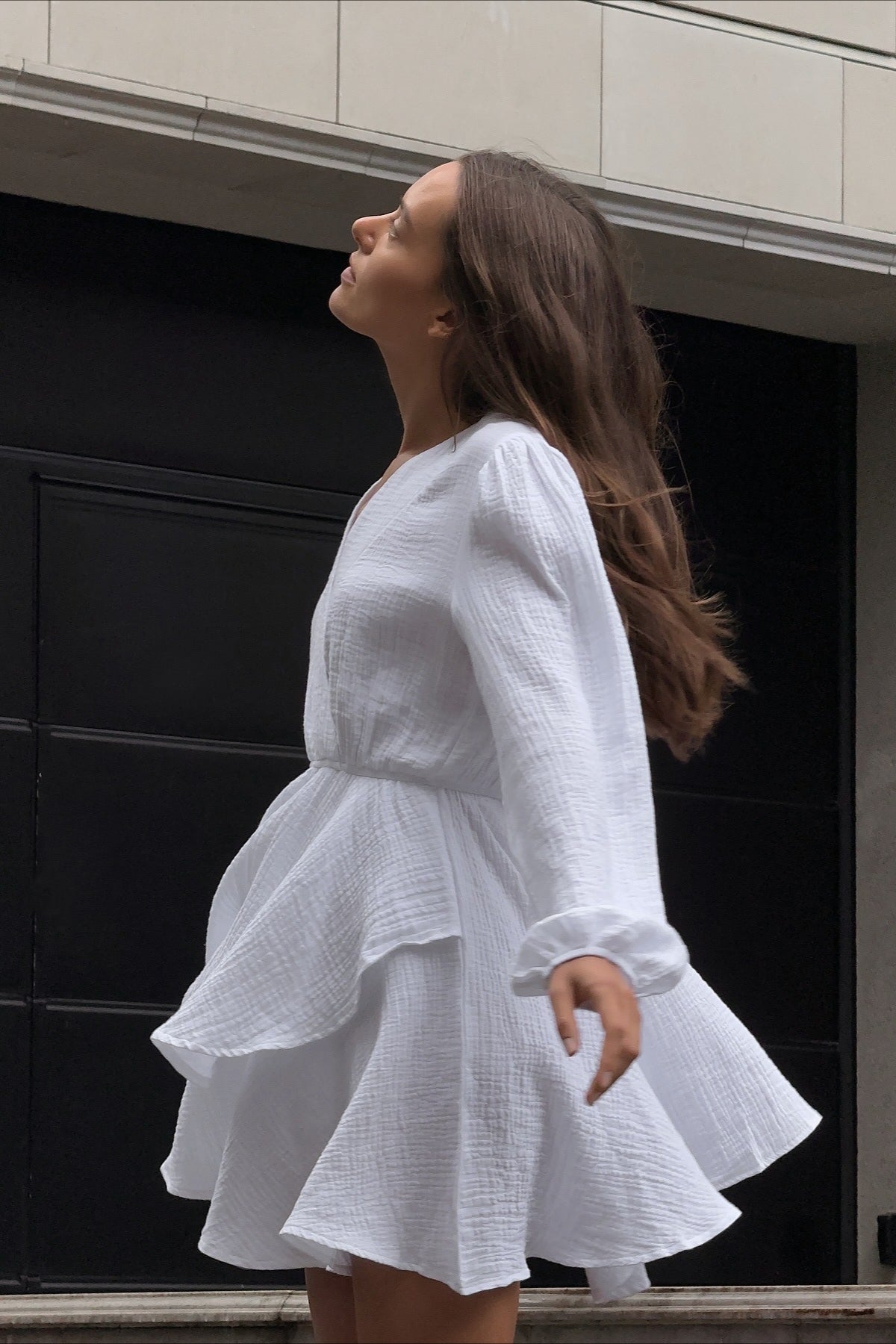 Long Sleeve Blouson Cuff Tiered Ruffle V-Neck Mini Dress