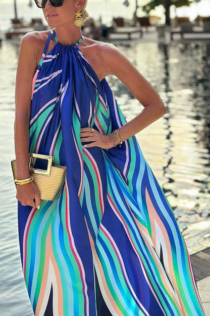 Graphic Wave Print Halter Neck Gathered Throat Flowy Maxi Dress
