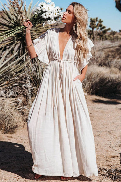 Deep V-Neck Flutter Sleeve Button Front Drawstring Waist Maxi Dress