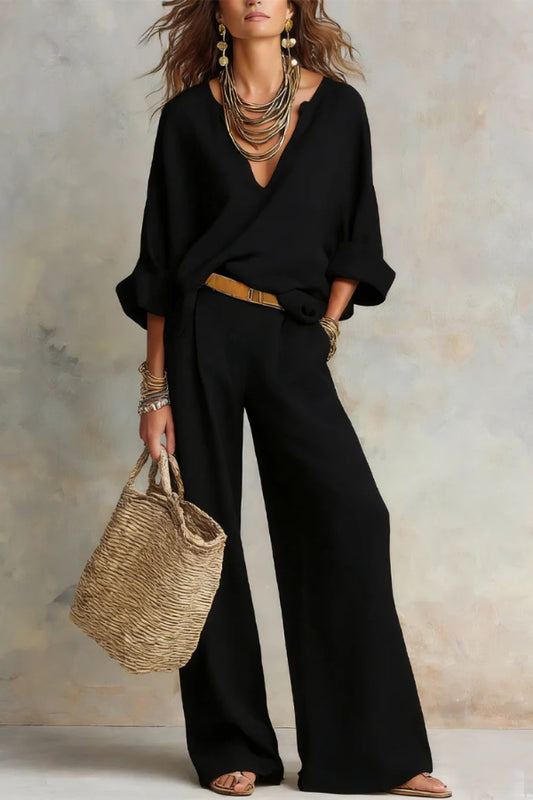 Linen Blend Solid Color Loose V-neck Top and Elastic Waist Pocket Casual Wide-leg Pants Set