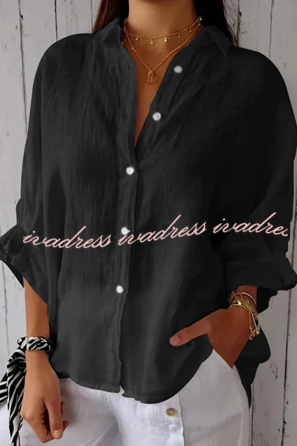 Linen Blend Solid Color Tie Back Loose Shirt Top