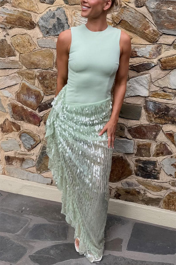 Unspoken Glamour Crepe and Fish Scale Sequins Ruffle Ruched Drape Maxi Dress
