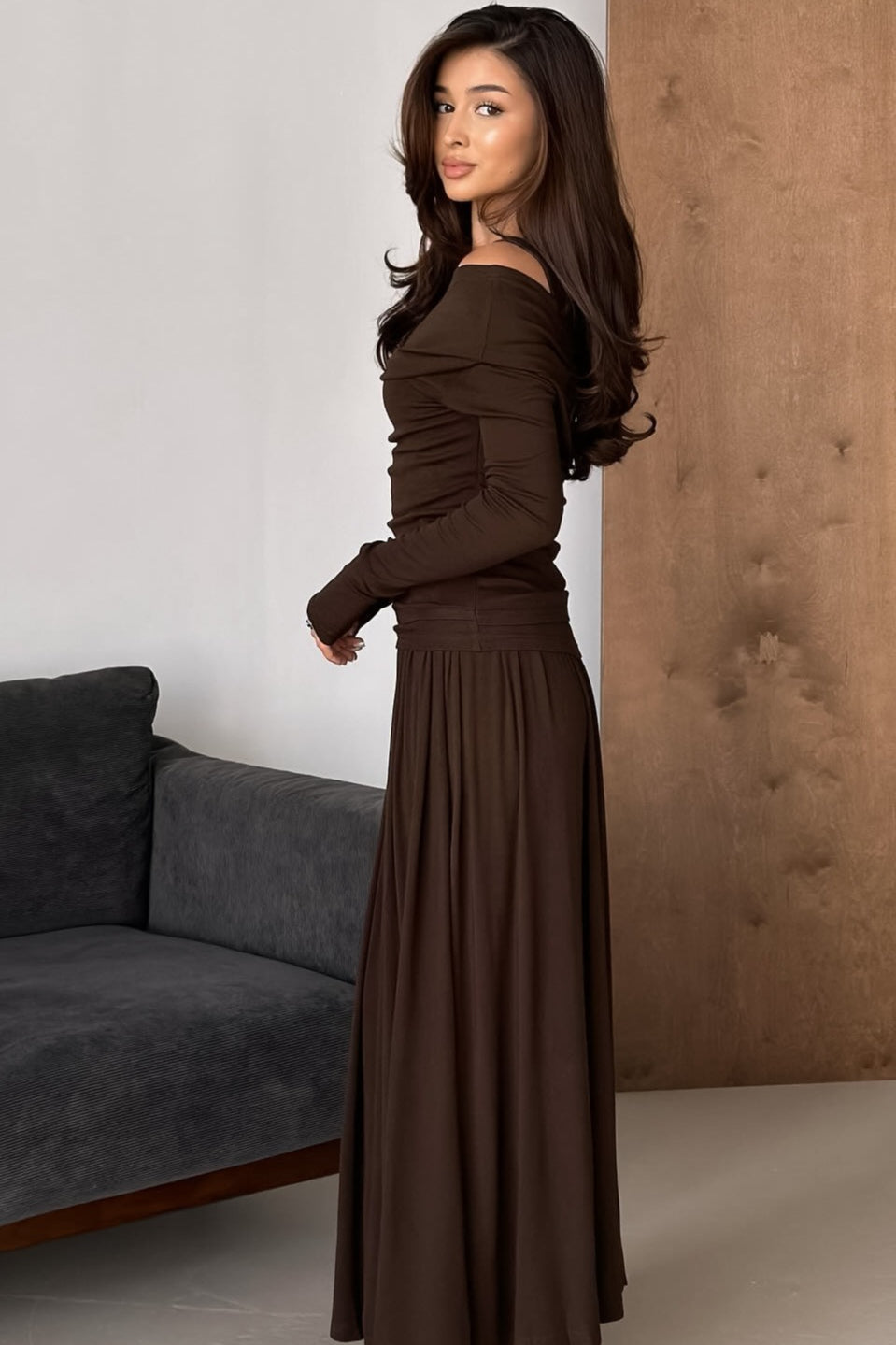 One Shoulder Draped Collar Long Sleeve Ruched Waist Maxi Dress