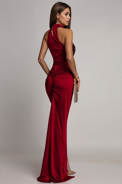 Halter Neck Sequin Bodice Ruched Satin High Split Maxi Dress