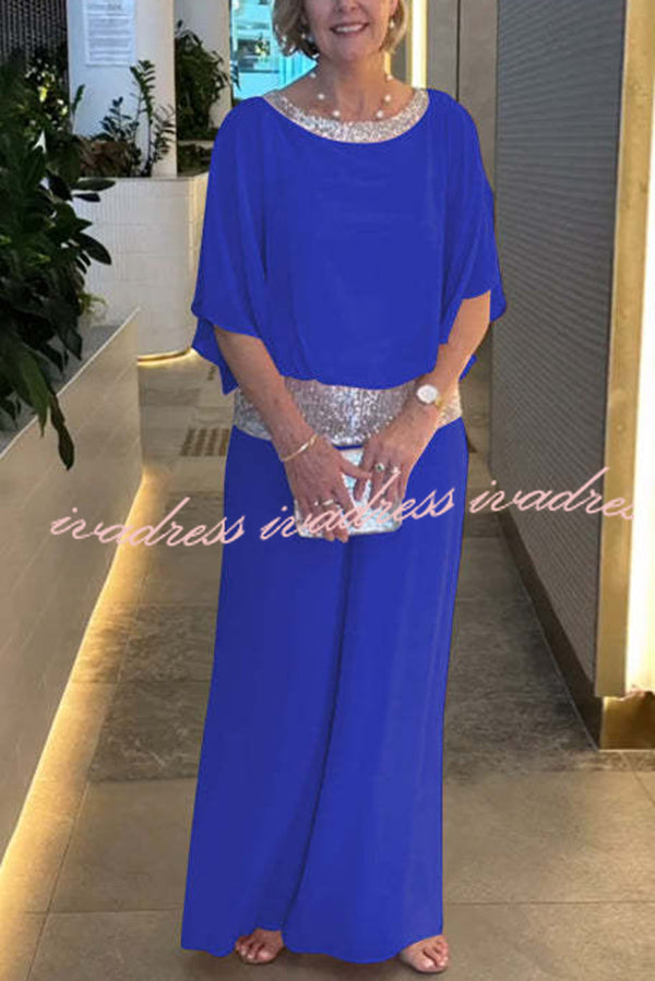 Stylish Sequin Patchwork Dolman Sleeve Top and Elastic Waist Wide Leg Pants Set