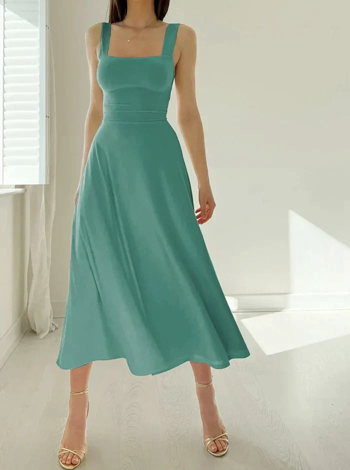 Square Neck Wide Strap A-Line Midi Dress