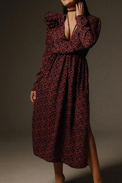 Micro Floral Print Tie-Front Deep V-Neck Side Slit Floral Applique Maxi Dress