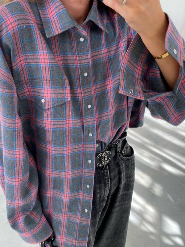 Vintage Plaid Print Long Sleeve Blouse
