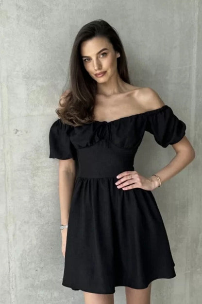 Off Shoulder Puff Sleeve Drawstring Tie Ruched Bodice Fit and Flare Mini Dress