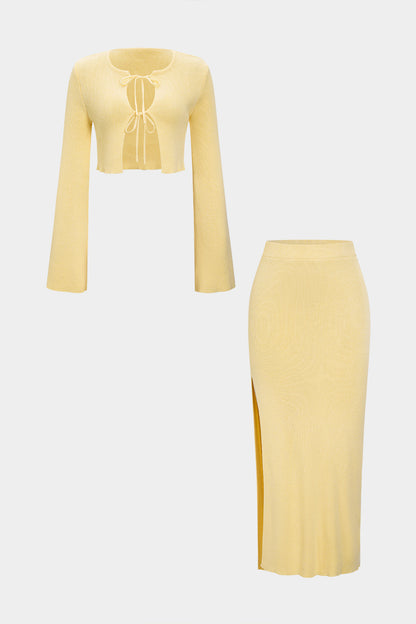 Knit Tie-Up Bell Long Sleeve Top And Side Split Skirt Set