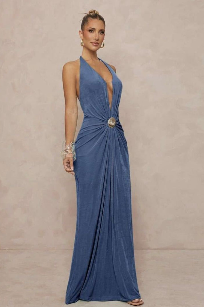 | Deep V Halter Ruched Backless Maxi Dress