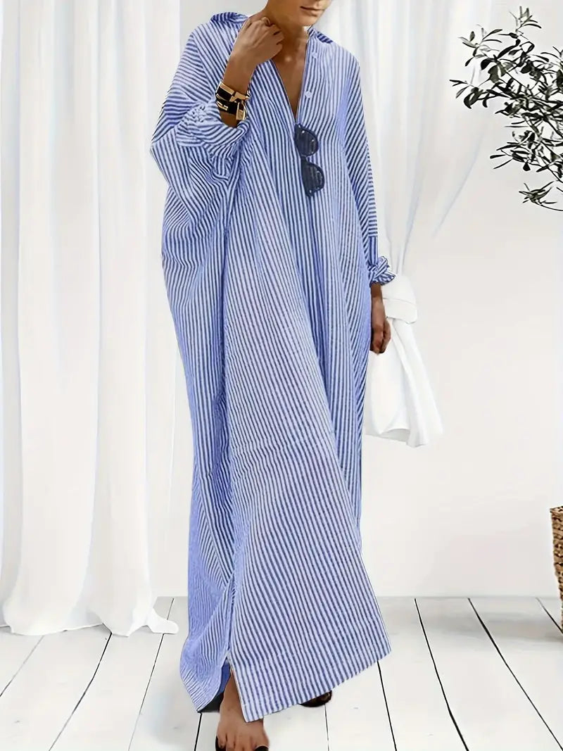 V Neck Button Front Vertical Stripe Oversized Shirt Maxi Dress